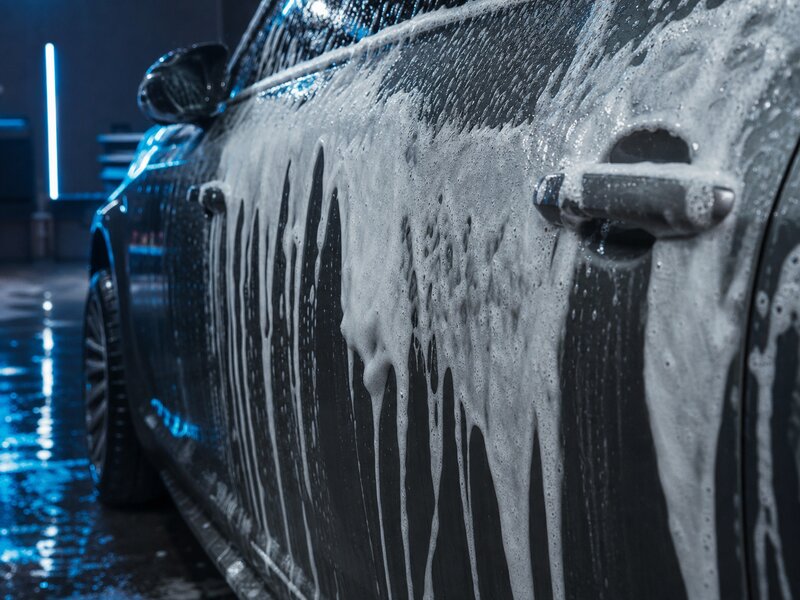Mousse de lavage sur la portière d'une voiture